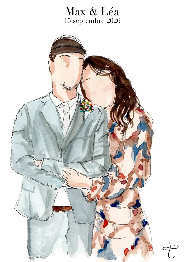 Portrait aquarelle de Max et Léa, 15 septembre 2026