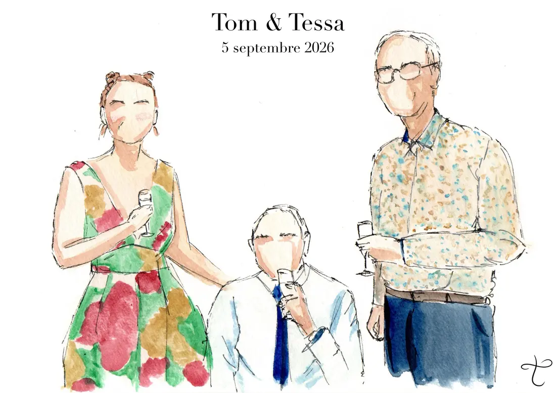 Portrait aquarelle de Tom, Tessa et un invité, 5 septembre 2026